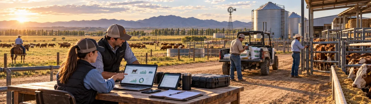 Administración y tecnología ganadera en un rancho bovino, con control digital de potreros, inventarios, trabajadores, gastos, ingresos y alimentación del ganado.