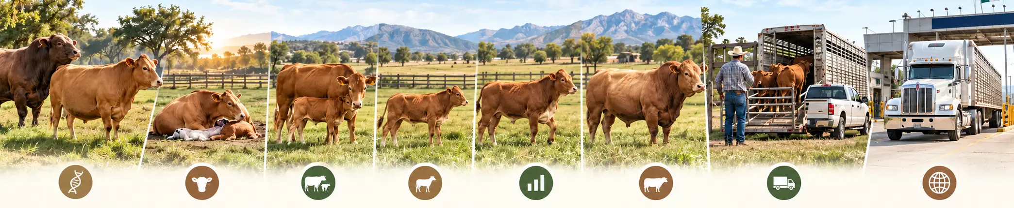 Infografía de la cadena de producción bovina que muestra las etapas de gestación, parto, cría, desarrollo, preengorda, engorda, traslado y exportación de ganado en Ganadero360.