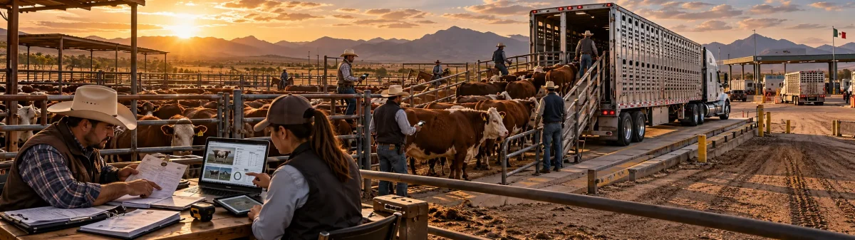Comercialización y exportación de ganado bovino en México, con carga de reses en tráiler ganadero, control documental, identificación electrónica y trazabilidad digital.
