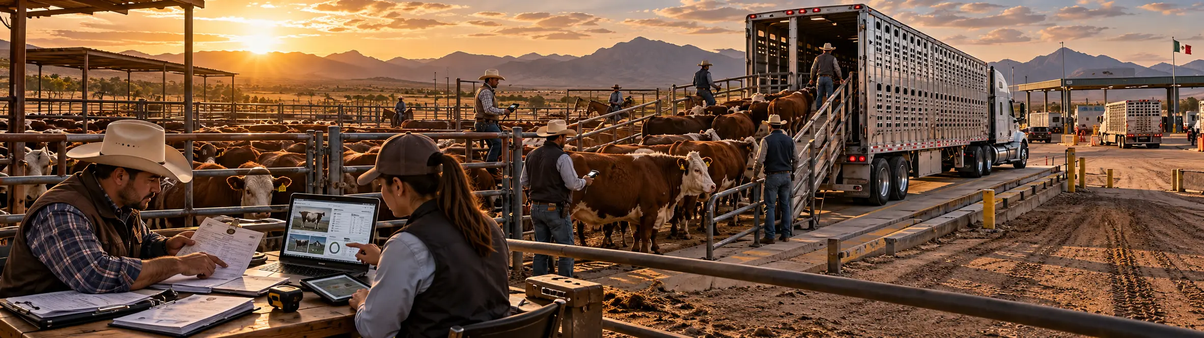Comercialización y exportación de ganado bovino en México, con carga de reses en tráiler ganadero, control documental, identificación electrónica y trazabilidad digital.
