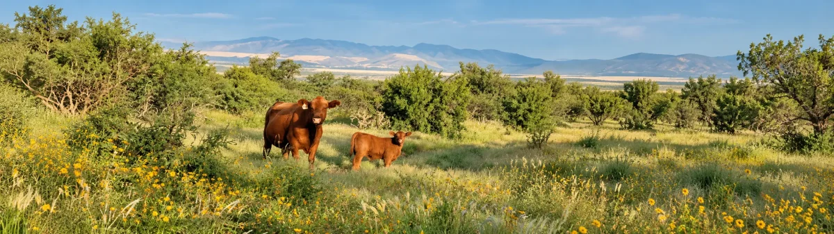 Brown cow and calf standing in a sunlit meadow dotted with yellow wildflowers, with shrubs and distant mountains behind them.]','A brown cow and her calf in a grassy field with yellow flowers and green bushes, mountains on the horizon.','Pasture scene showing a mother cow and her calf among yellow blooms, with a blue sky and mountain range in the distance.