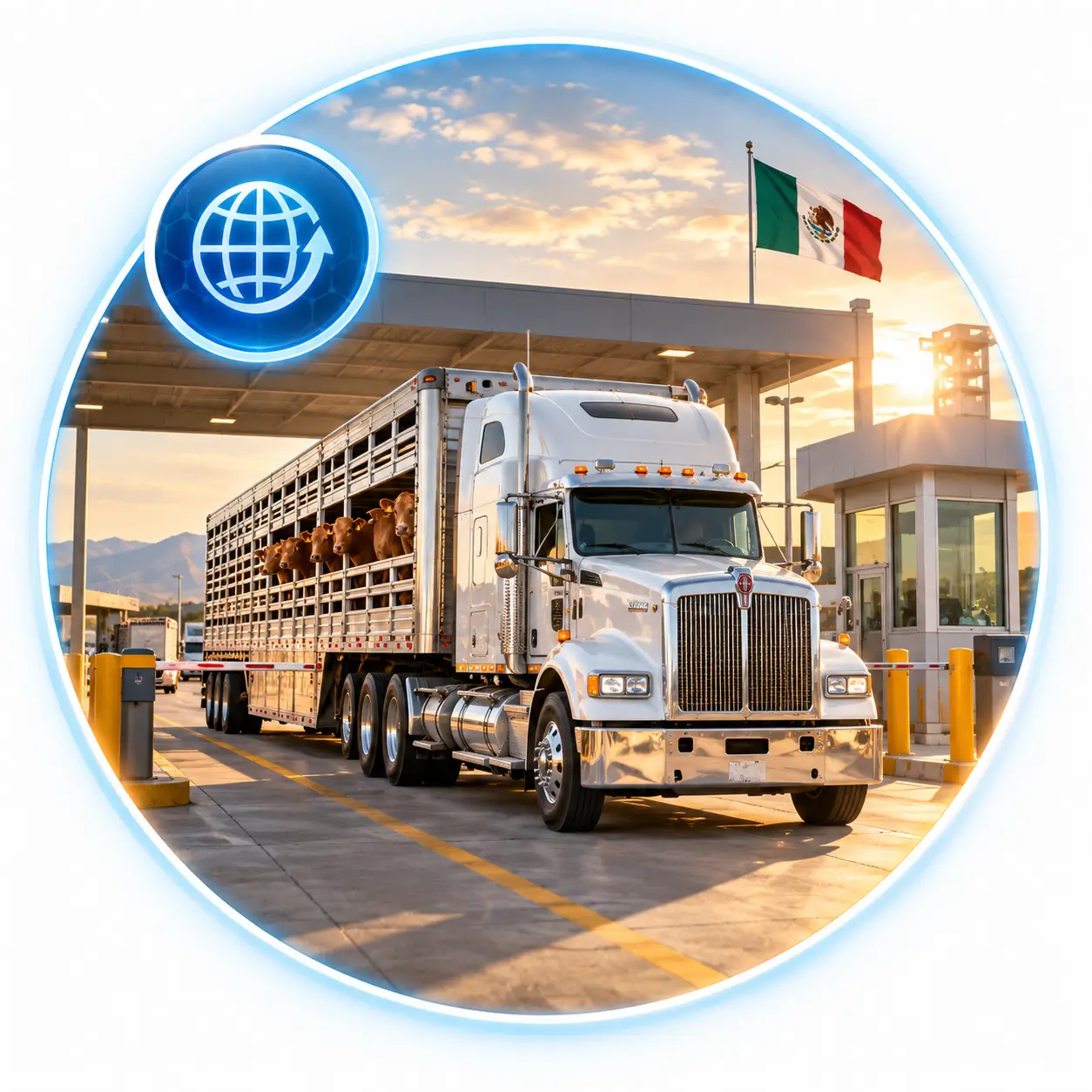 Tráiler con jaula ganadera transportando bovinos vivos a través de un punto fronterizo de México, representando la exportación de ganado hacia mercados internacionales.