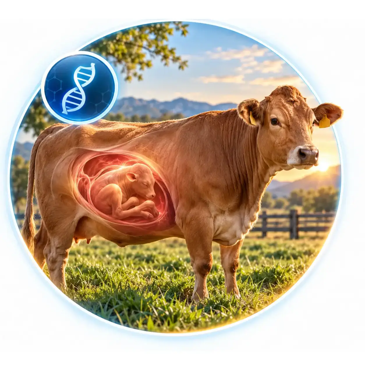 Vaca preñada en un rancho con representación visual del becerro en gestación dentro del vientre, ilustrando la etapa de gestación bovina.