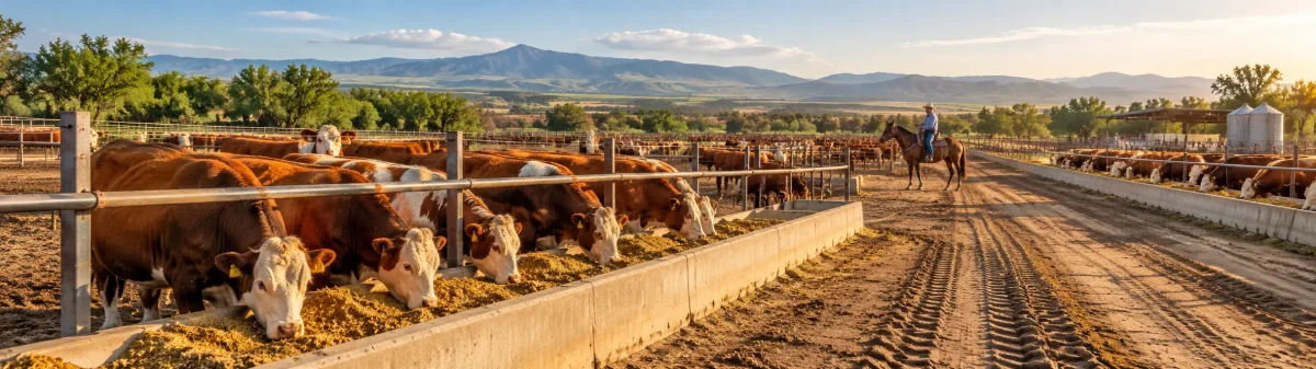 Ganado simental comiendo en corrales bien acondicionados, representando la preengorda, engorda de ganado bovino y la alimentación controlada en una operación ganadera.
