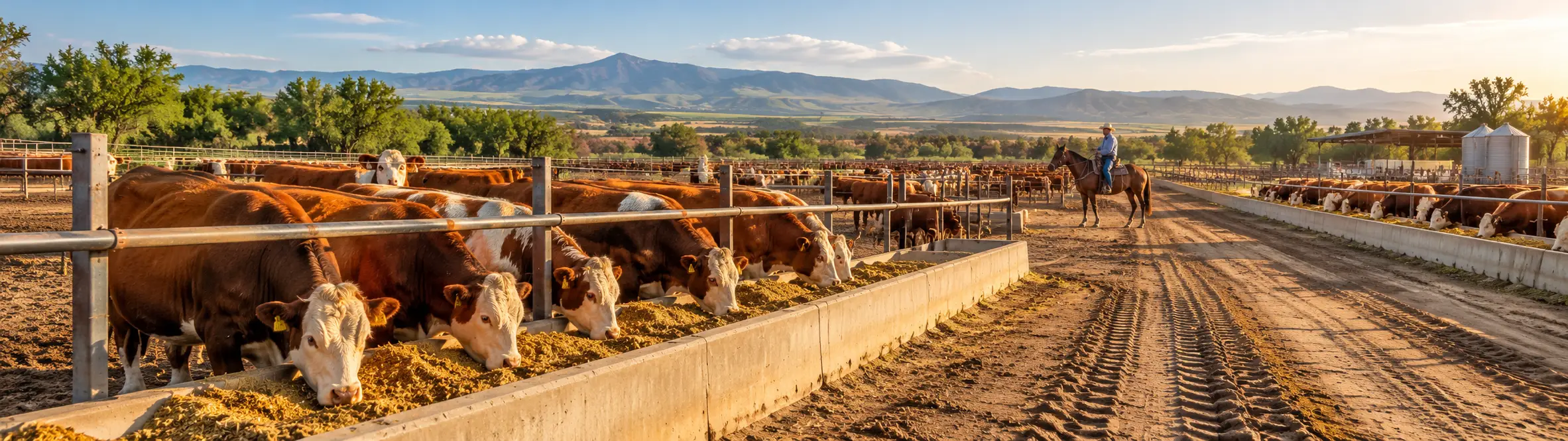 Ganado simental comiendo en corrales bien acondicionados, representando la preengorda, engorda de ganado bovino y la alimentación controlada en una operación ganadera.