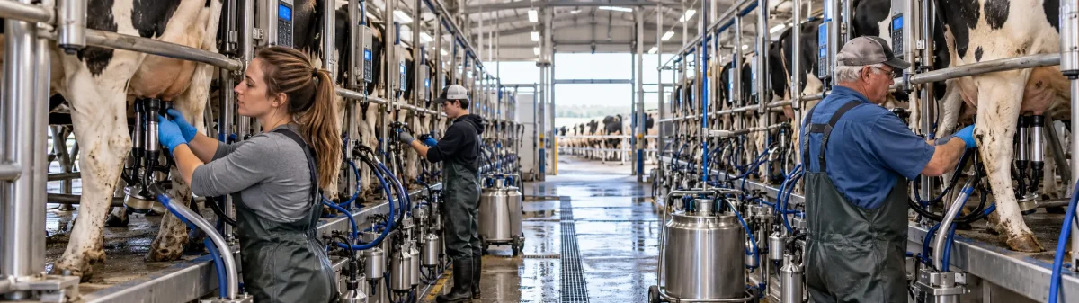 Producción de leche y derivados lácteos en una granja ganadera con vacas Holstein, donde una mujer, un hombre mayor y un joven operan equipos de ordeño mecánico.