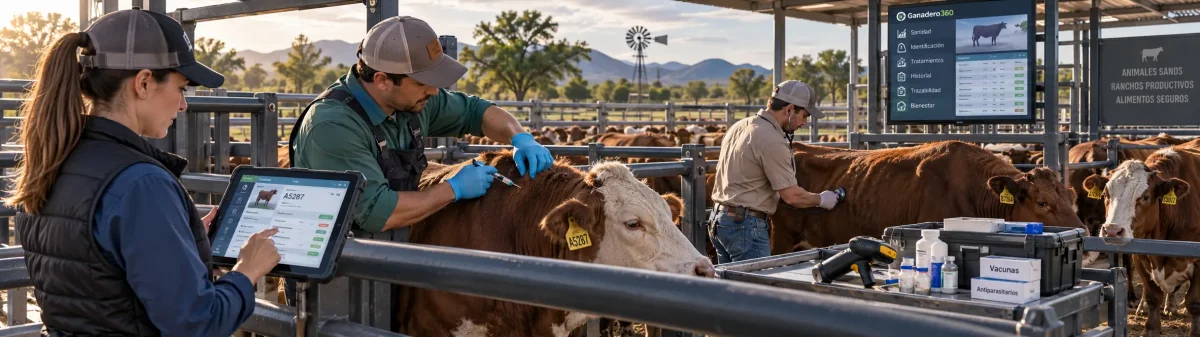 Sanidad y bienestar animal del ganado bovino mediante vacunación, revisión veterinaria, identificación electrónica y tecnología digital para el seguimiento sanitario en un rancho ganadero.